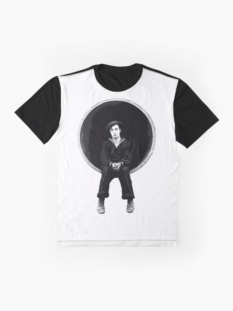 Vintage graphic tee featuring Buster Keaton, the iconic silent film comedian, from the movie "The Navigator" - Flat lay