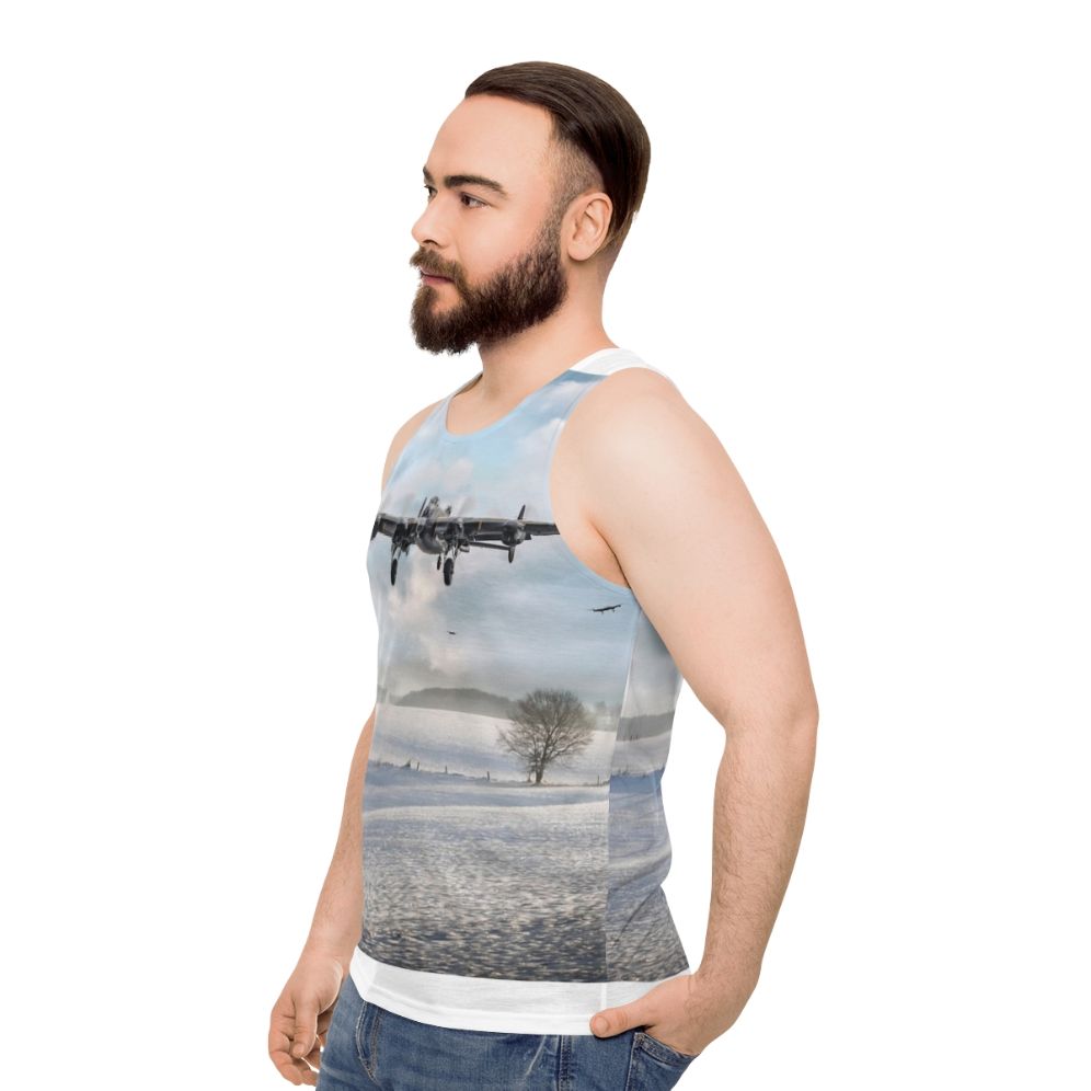 Unisex tank top featuring a Lancaster bomber in a snowy winter scene - men side