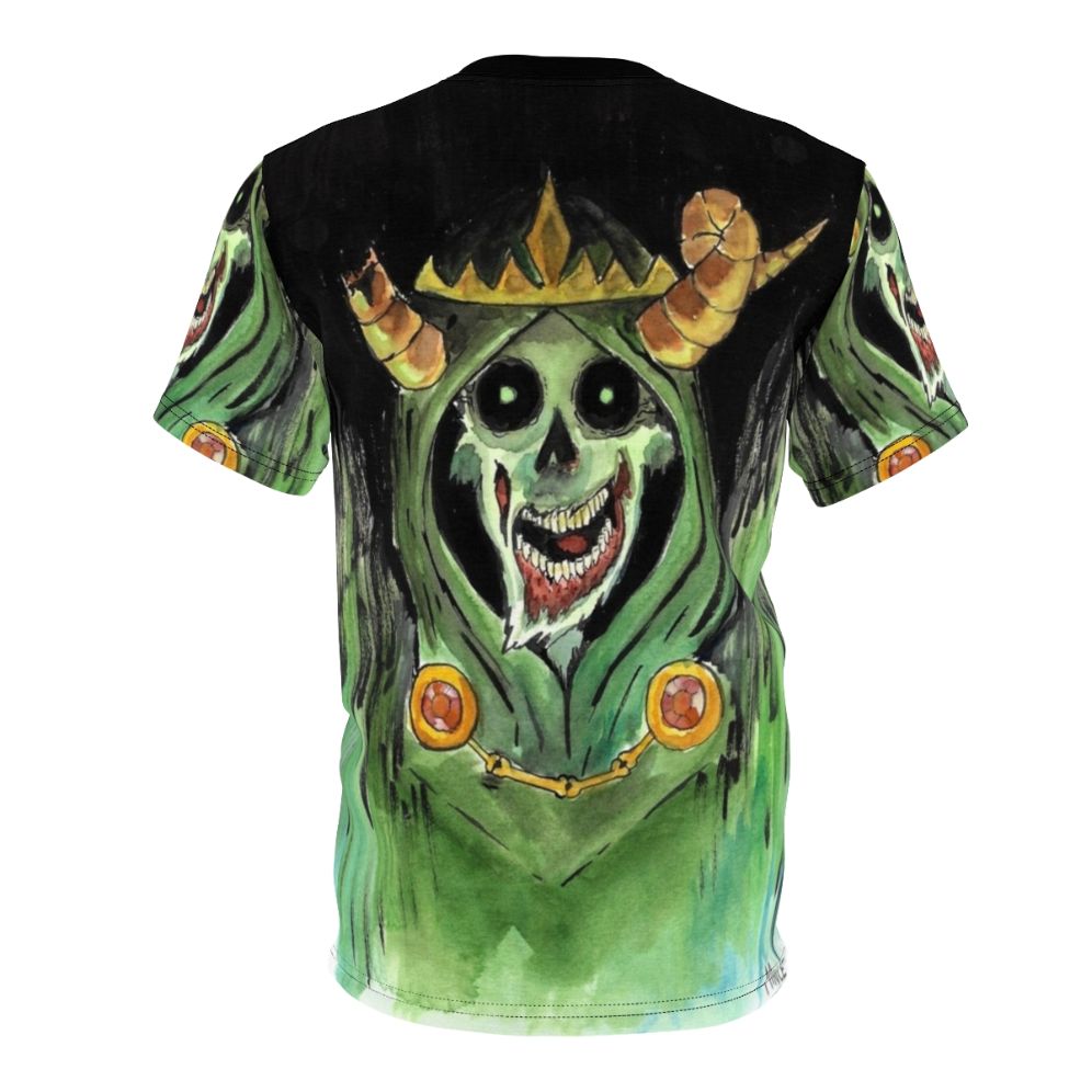 Ominous lich character illustration printed on a high-quality t-shirt for fans of dark fantasy and horror themes. - Back