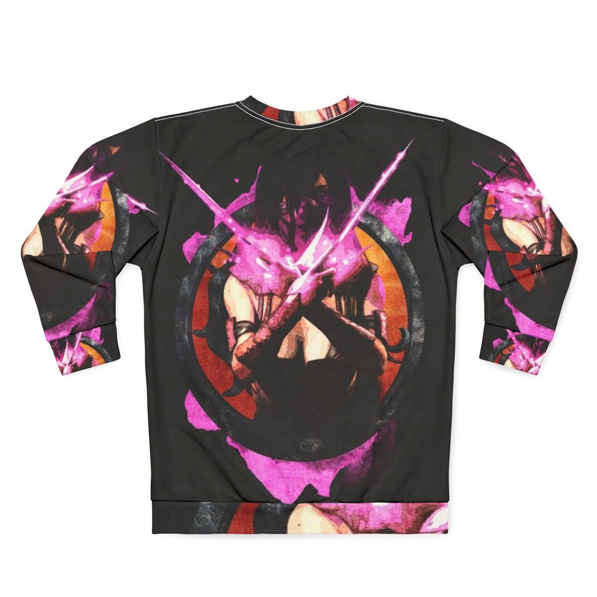 Mileena from Mortal Kombat fighting game character portrait on pink grunge sweatshirt - Back