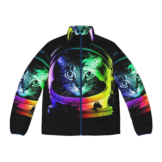 Astronaut cat in a vibrant puffer jacket, floating in the galaxy