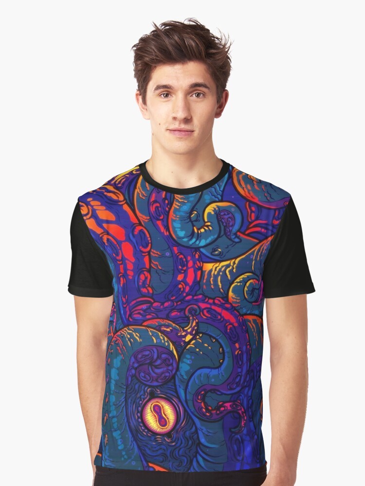 Colorful graphic t-shirt design featuring a kraken or giant squid with tentacles - Men