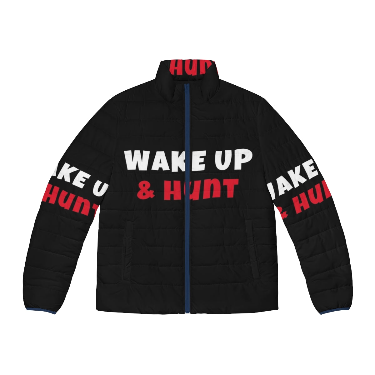 Puffer jacket with "Wake Up and Hunt" design, featuring outdoor activities and hobbies