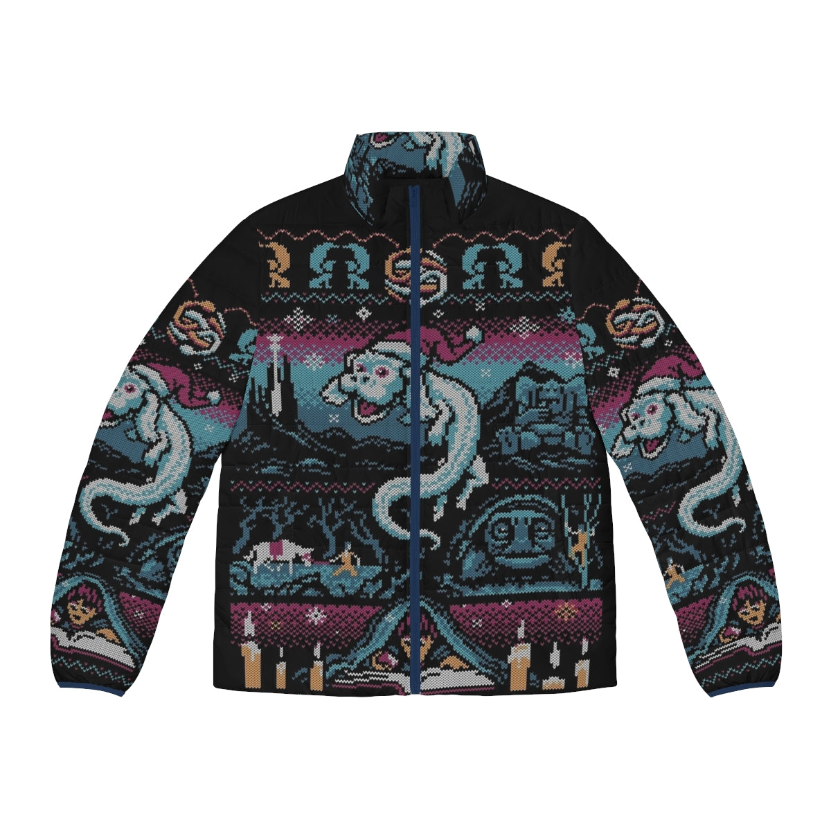 Neverending Story-inspired Falcor puffer jacket featuring a whimsical holiday design