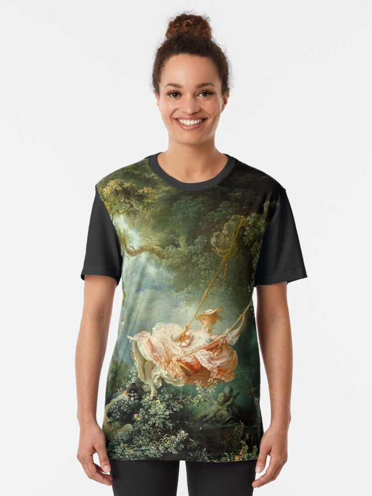 Graphic t-shirt featuring the famous painting "The Swing" by French Rococo artist Jean-Honoré Fragonard. - Women