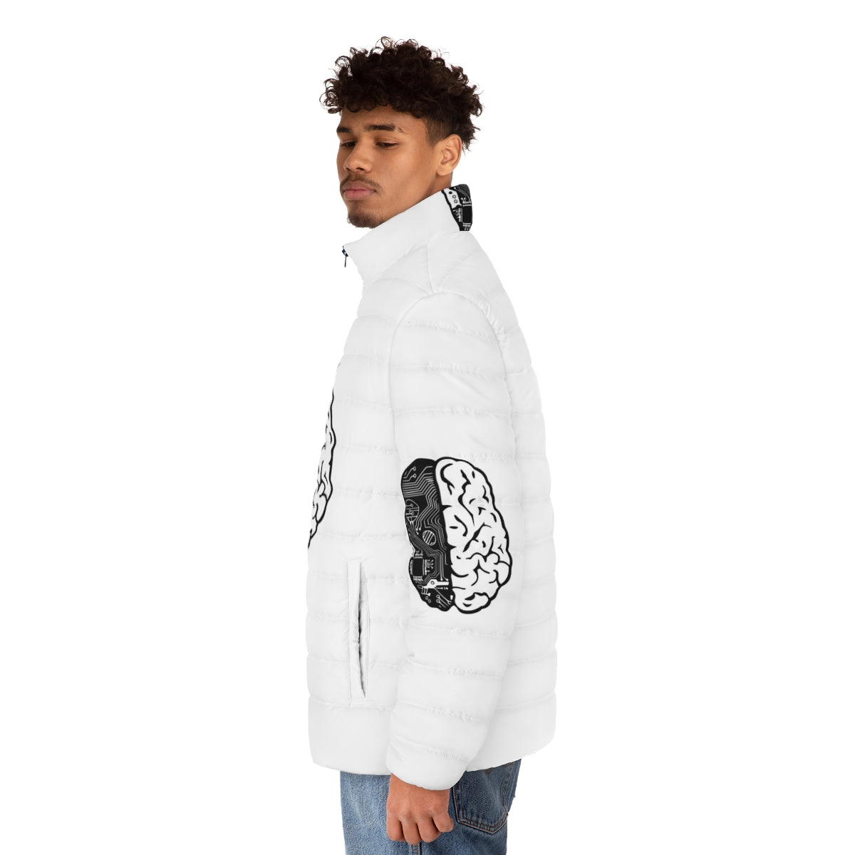 Coding Brain Puffer Jacket with binary code and programming-themed design - men side left