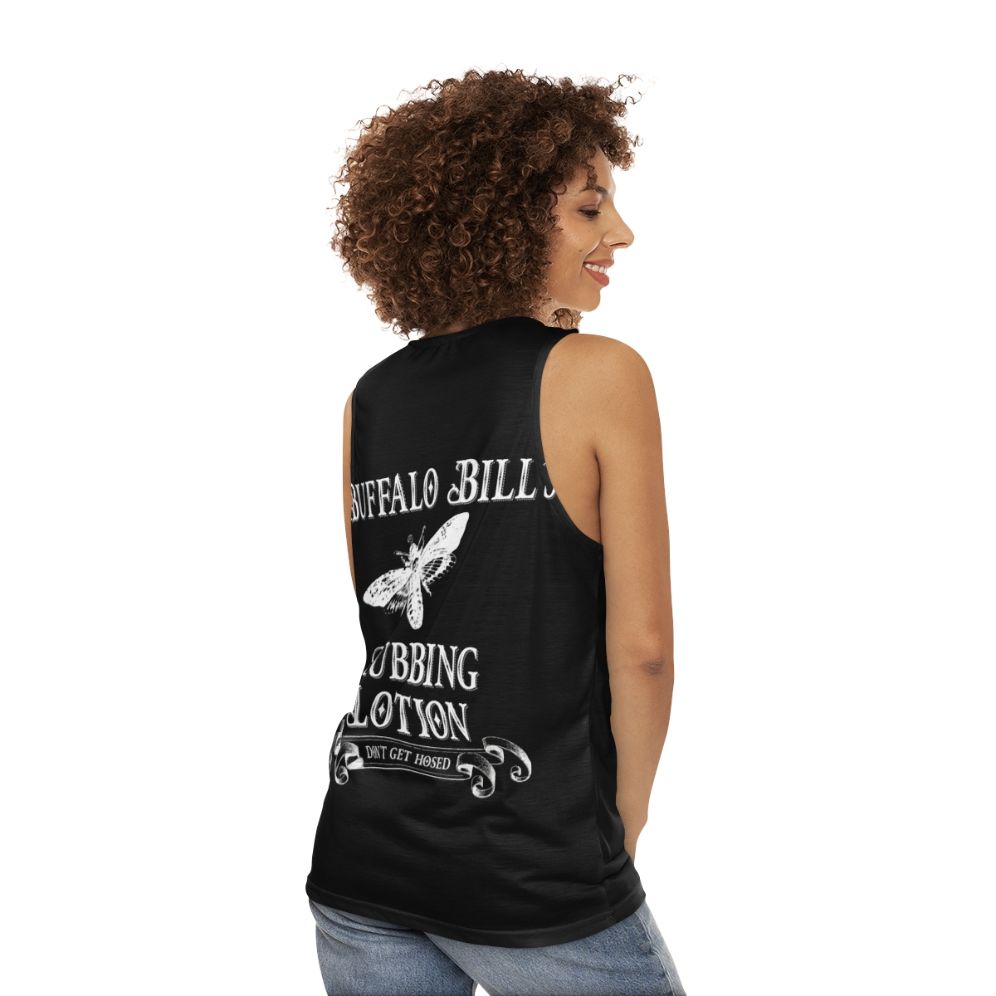 Unisex tank top with "Buffalo Bill" inspired horror design - women back