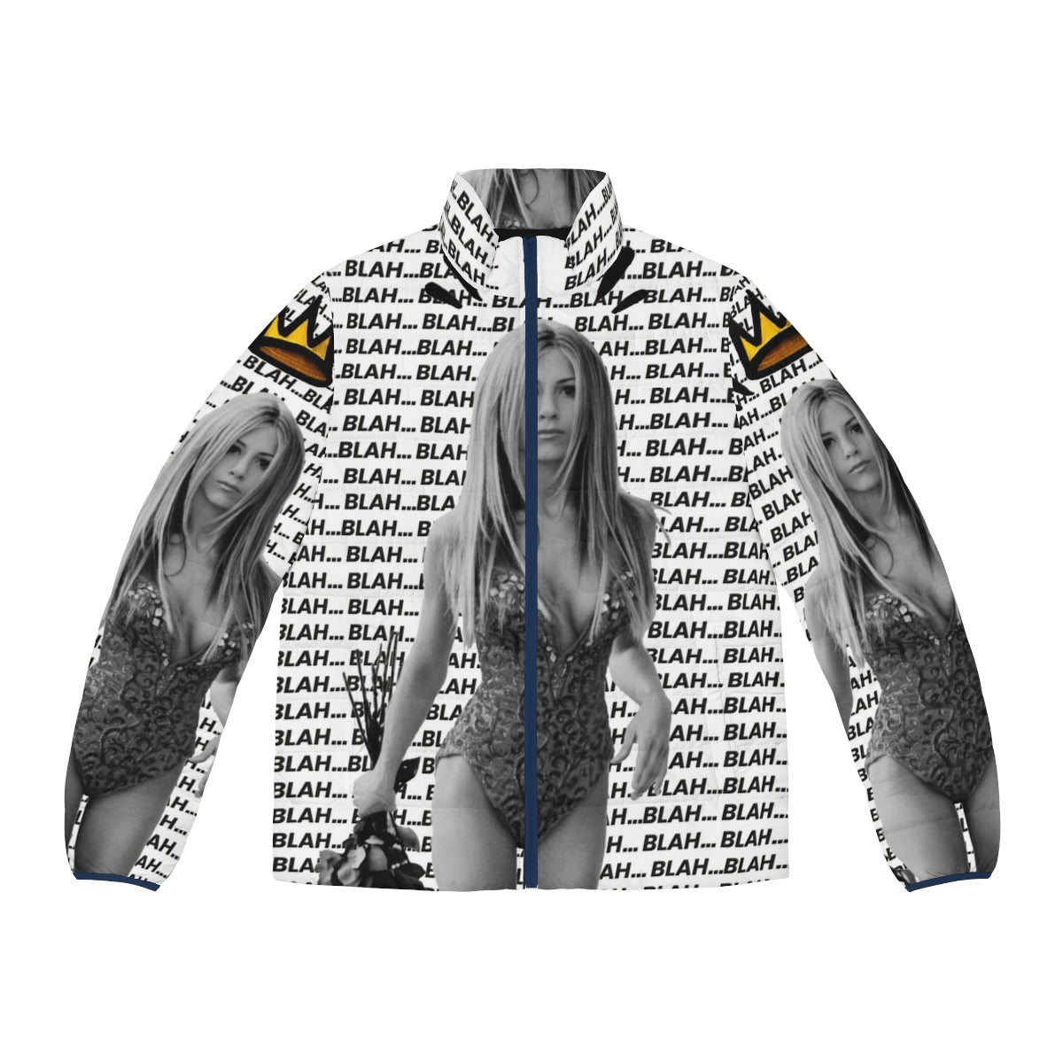 Jennifer Aniston inspired pop art puffer jacket with news print design