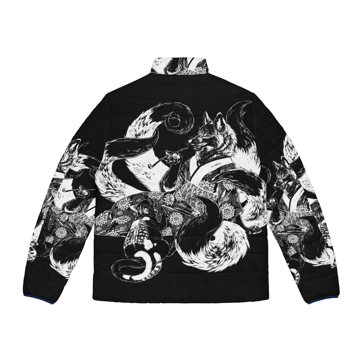 An inverted puffer jacket featuring a design of a nekomata (a two-tailed cat demon) arguing with a kitsune (a fox spirit) from Japanese mythology. - Back