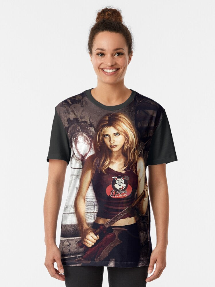 Buffy the Vampire Slayer graphic design t-shirt featuring the show's logo and characters - Women