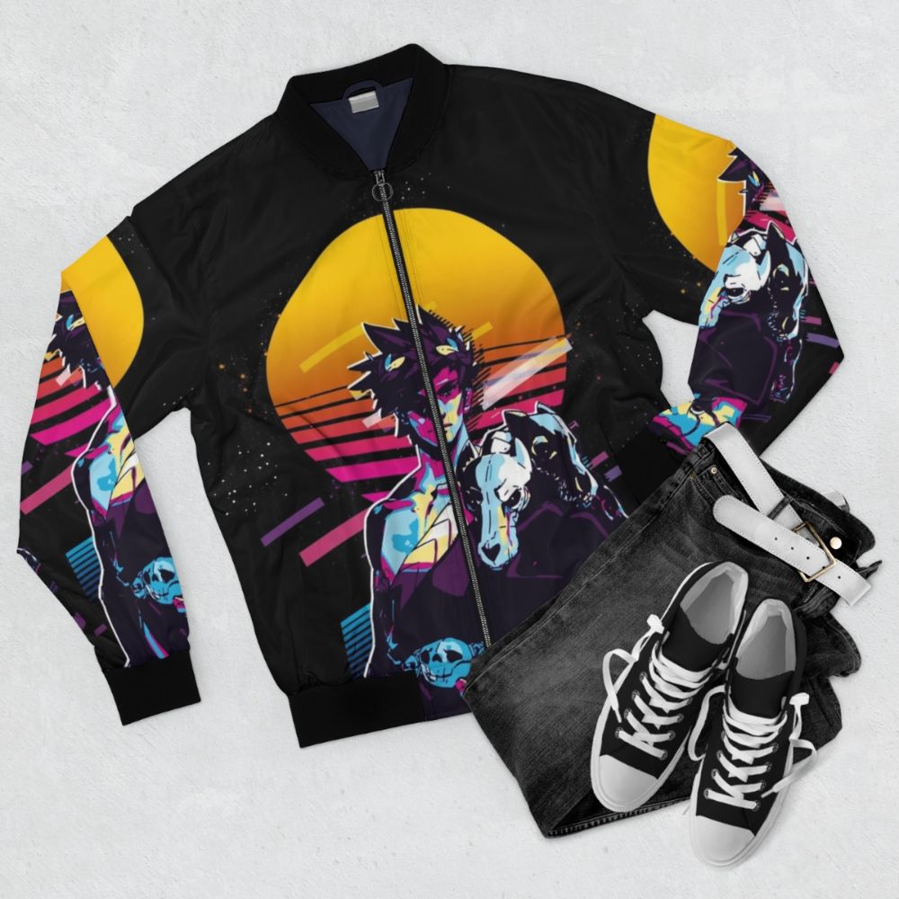 Zagreus Hades 80s Retro Bomber Jacket featuring a vibrant, nostalgic design inspired by the hit game Hades. - Flat lay