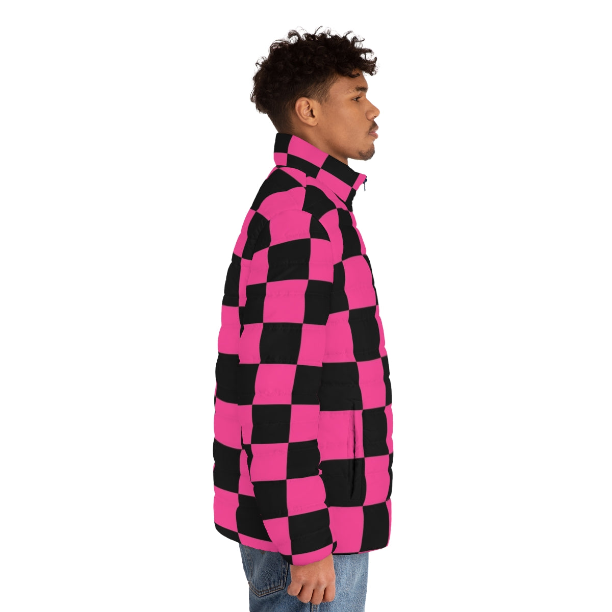 Black and pink checkerboard pattern puffer jacket for women - men side right