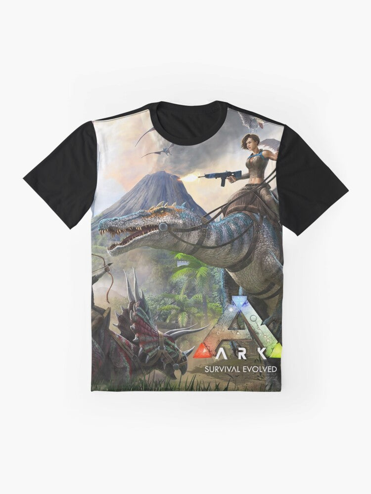 Ark Survival Evolved Dinosaur Gaming T-Shirt with graphic design featuring dinosaurs and gaming elements. - Flat lay