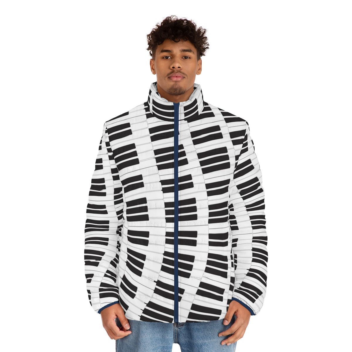 Piano keys puffer jacket with musical design - men front