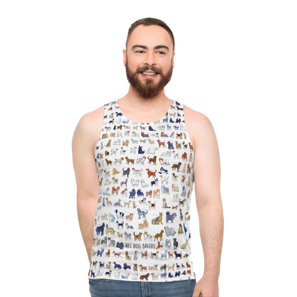 Unisex tank top featuring watercolor illustrations of every AKC dog breed - men