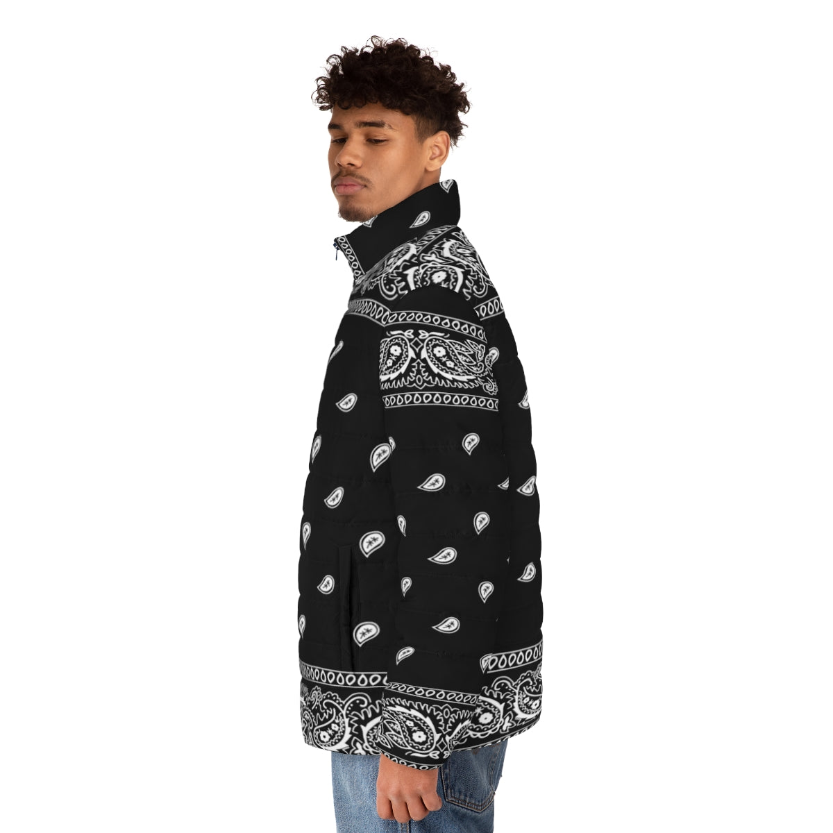 Black puffer jacket with bandana pattern for a urban and rap inspired look - men side left