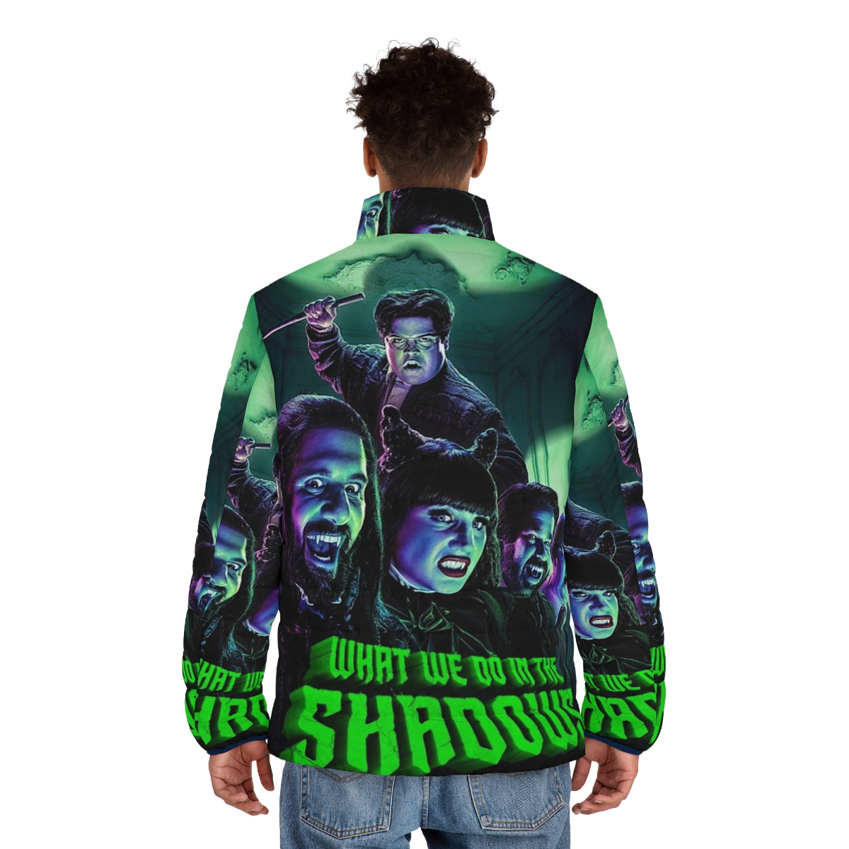 The Staten Island Gang Puffer Jacket featuring characters from "What We Do in the Shadows" - men back