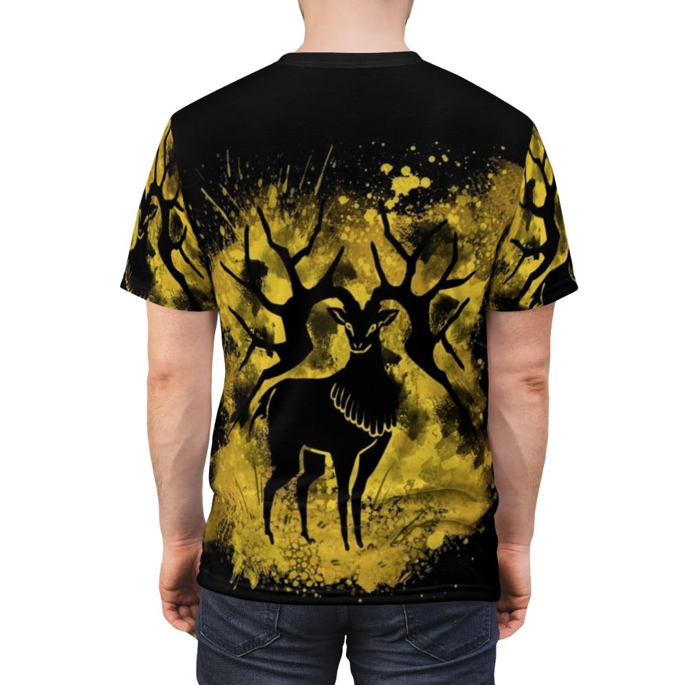 Golden deer splatter design printed on a high-quality t-shirt - men back