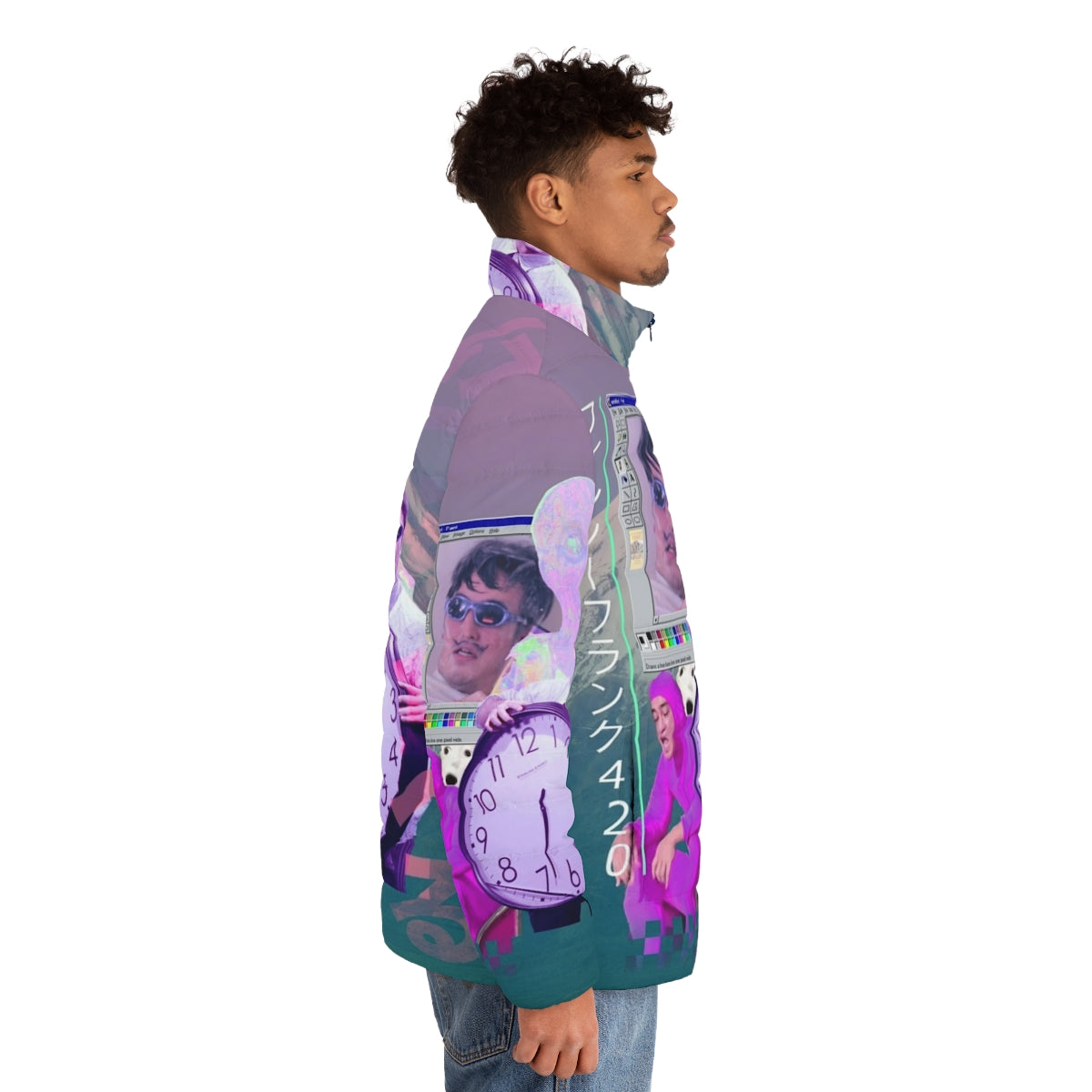 Filthy Frank 420 vaporwave puffer jacket with retro 90s aesthetic - men side right