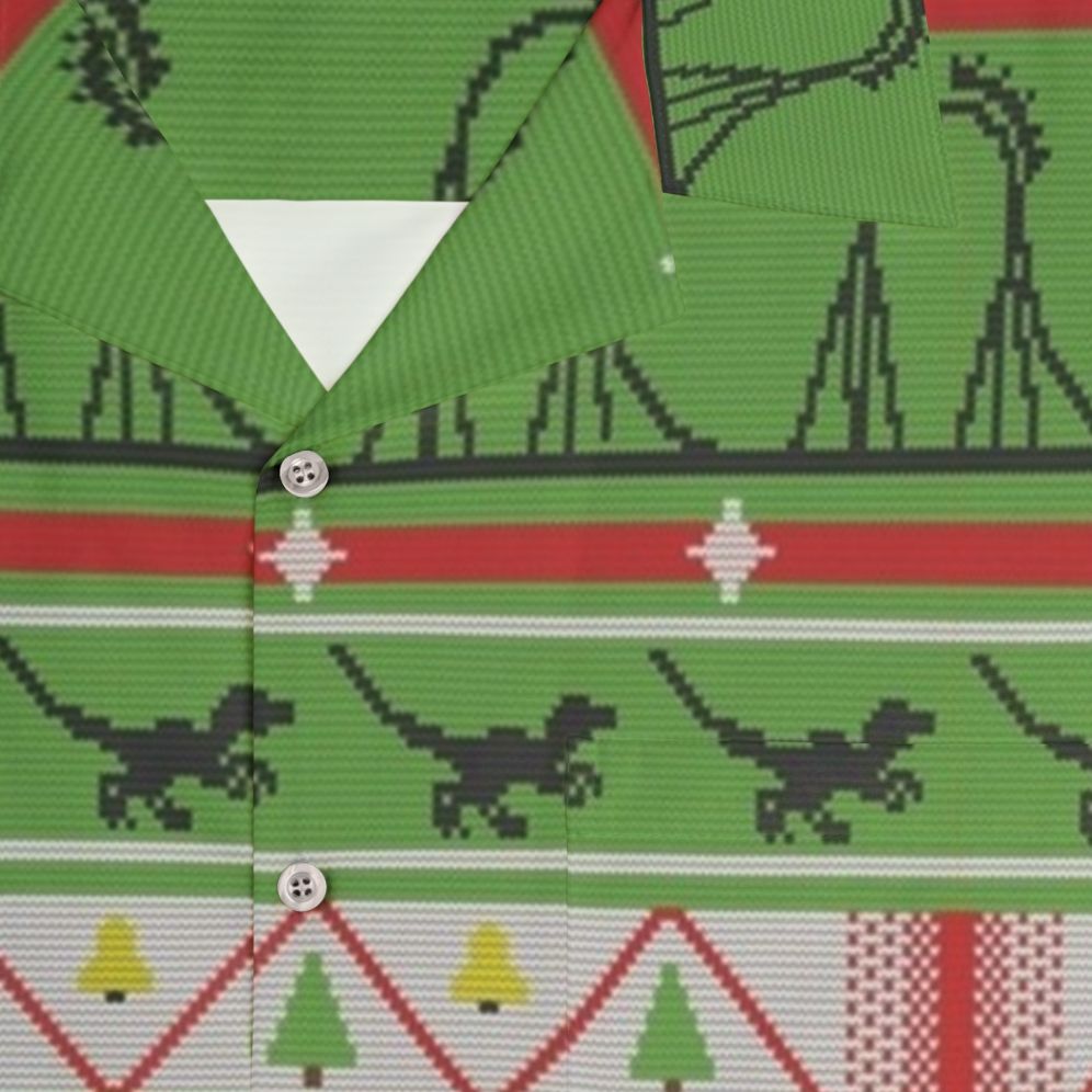 Velocicoaster Ugly Christmas Sweater Hawaiian Shirt featuring a dinosaur and tropical print design - Detail