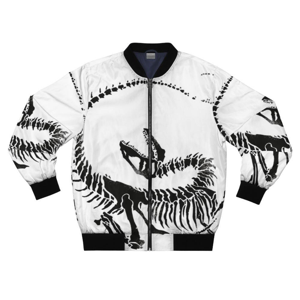 Velociraptor skeleton print on a black bomber jacket