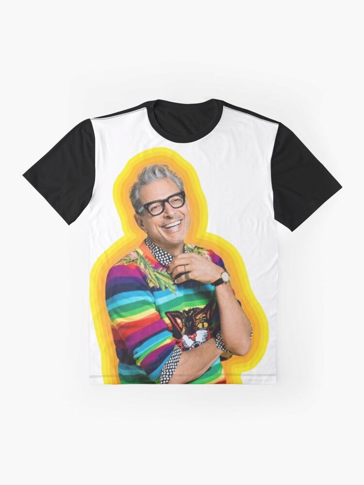 Colorful graphic t-shirt featuring a meme design with Jeff Goldblum and the text "Jeff Goldblum of Happiness" - Flat lay