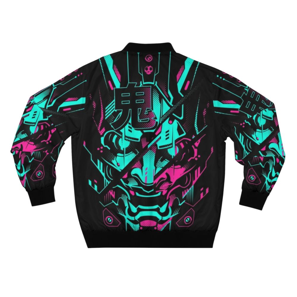 Cyberpunk style bomber jacket with neon oni and glitch design - Back