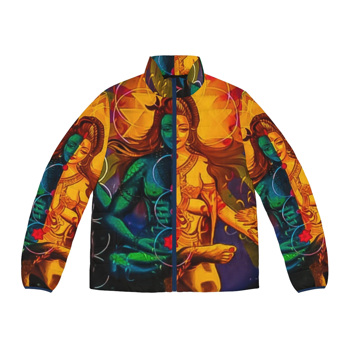 Shivshakti puffer jacket featuring Hindu deities Shiva and Parvati