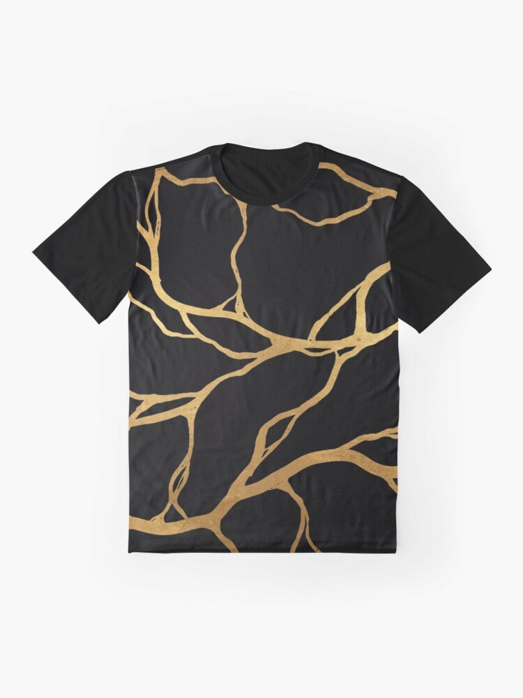 Kintsugi graphic t-shirt featuring a Japanese-inspired pattern with gold cracks and broken porcelain design - Flat lay