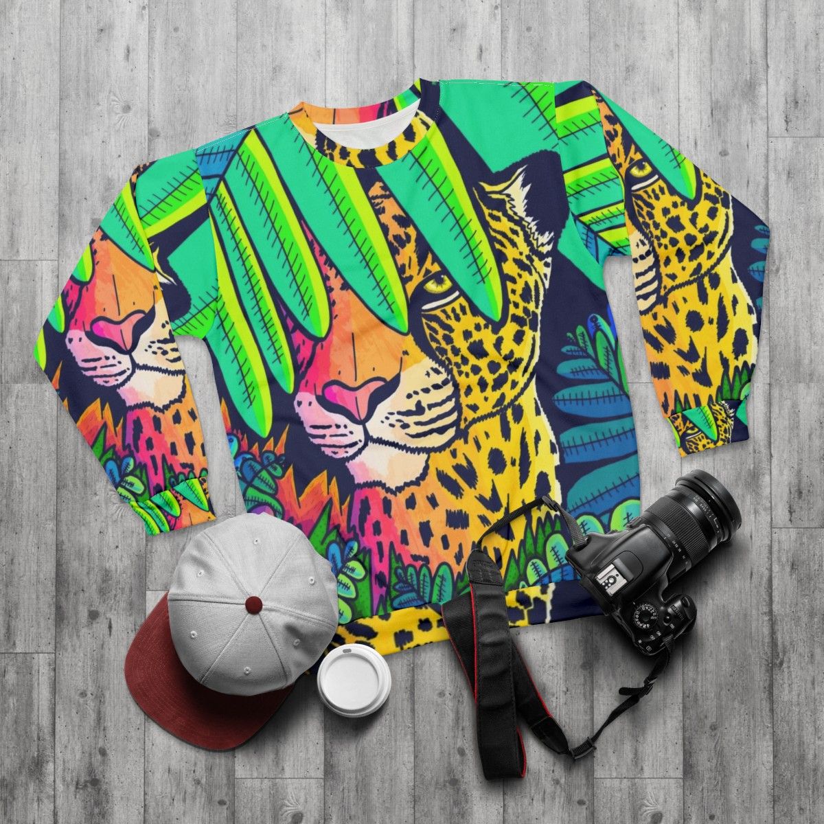 Jungle leopard print sweatshirt with vibrant, nature-inspired design - flat lay