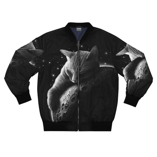 Black bomber jacket with moon and space cat design