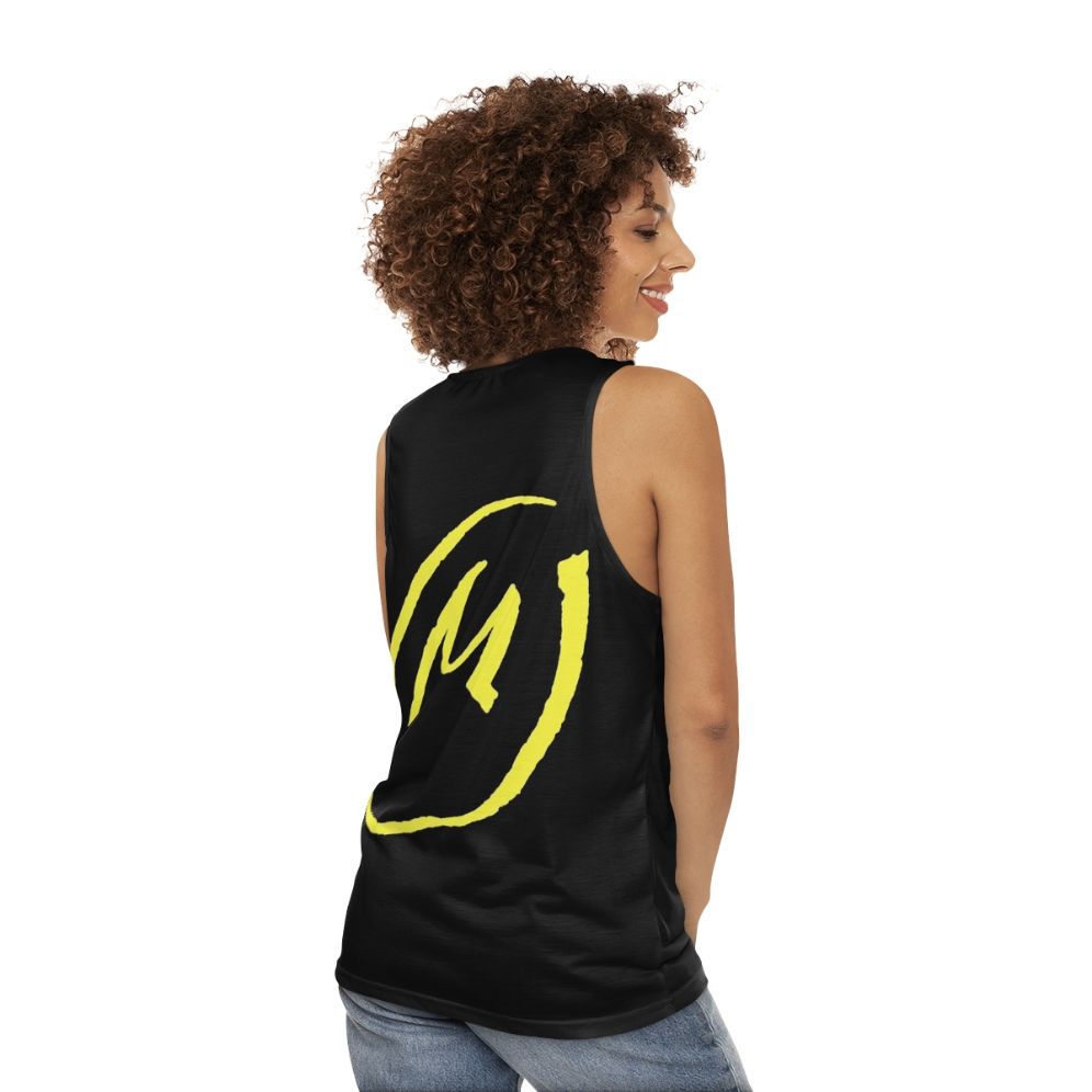 Unisex yellow tank top inspired by the Blake and Mortimer graphic novel series - women back