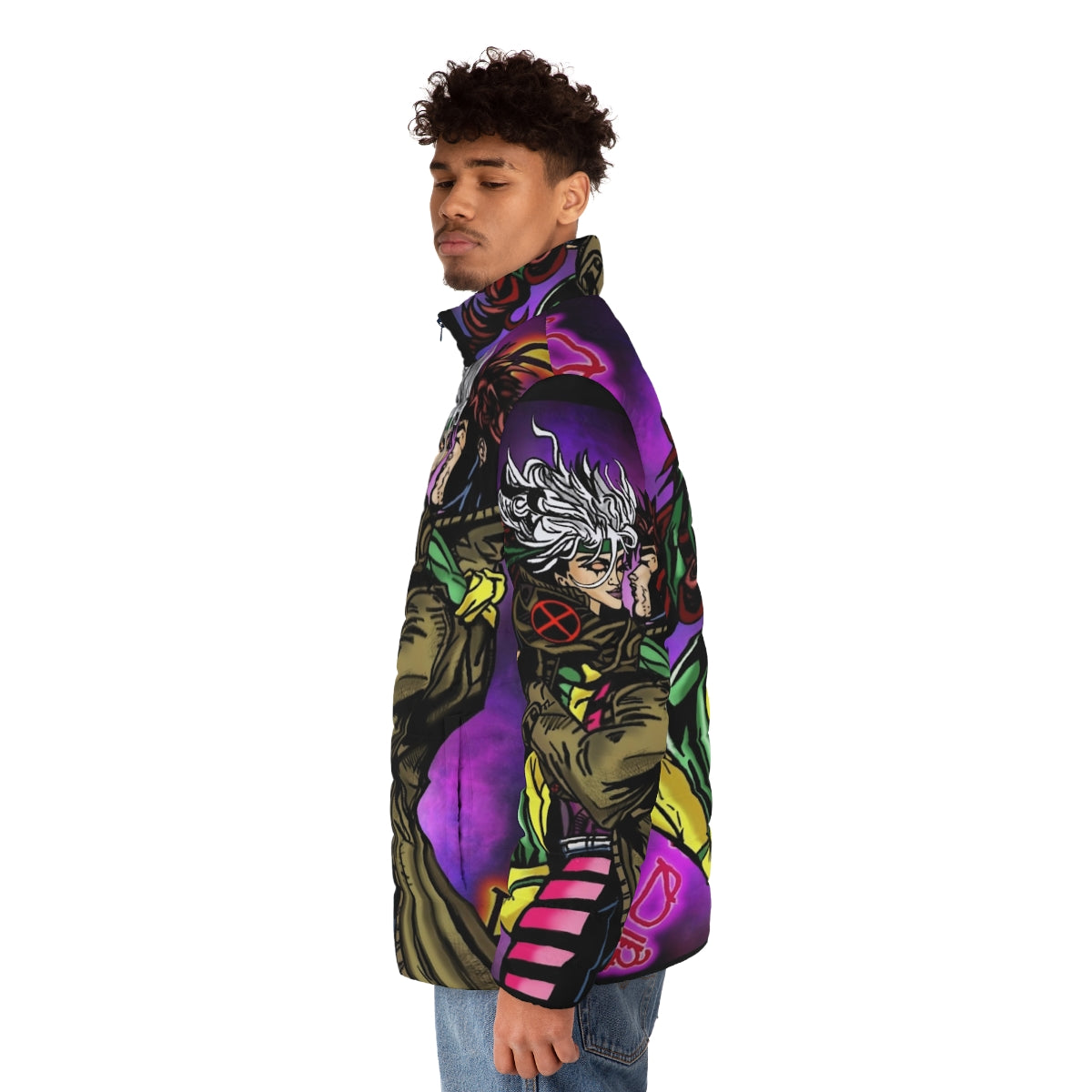 Gambit and Rogue X-Men puffer jacket in vibrant neon colors - men side left