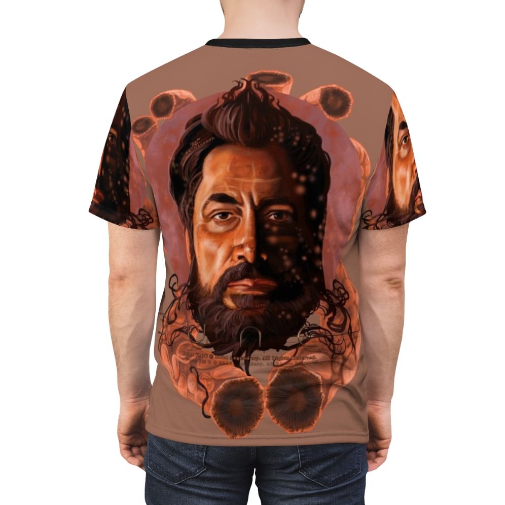 Dune-inspired fan art t-shirt featuring a sci-fi desert landscape with sandworms - men back