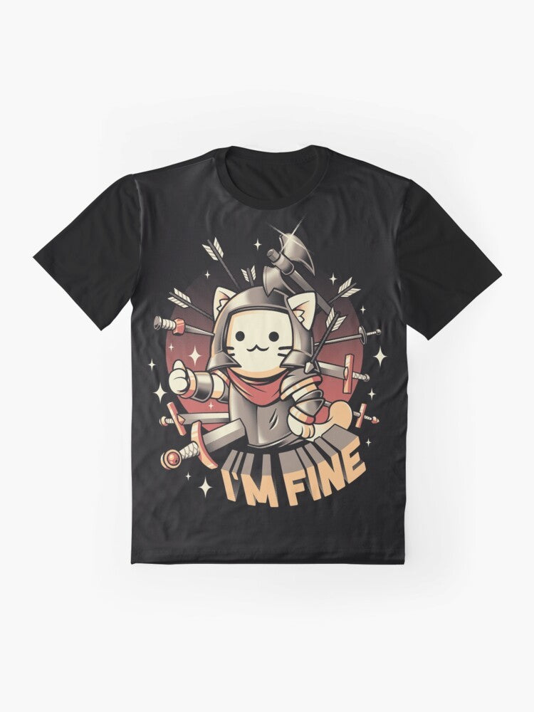 Graphic "I'm Fine" cat t-shirt with a medieval knight cat wielding a sword - Flat lay