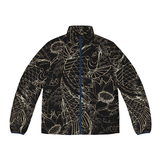 Koi fish and flower design puffer jacket with a stylish and distinctive oriental appeal