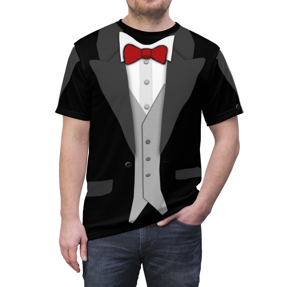 Model wearing a black tuxedo T-shirt with a red bow tie and vest - men front