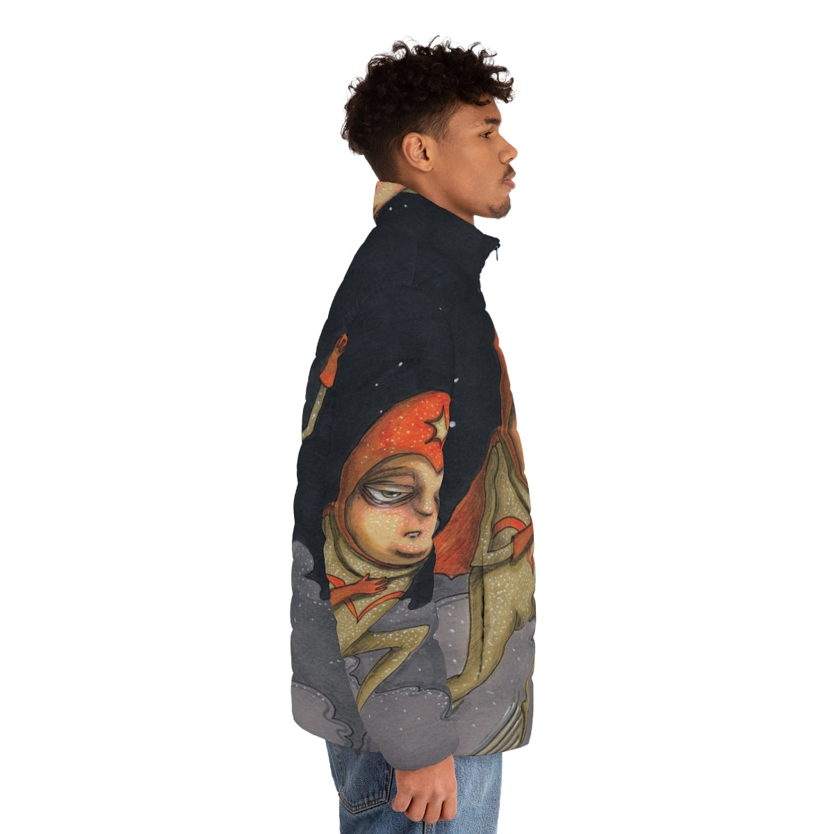 A puffer jacket featuring a hand-drawn superhero design with a cape and bold graphics - men side right