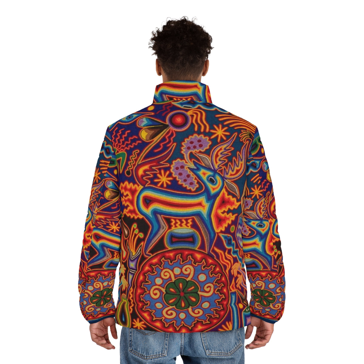 Colorful Huichol puffer jacket with abstract floral and skull designs - men back