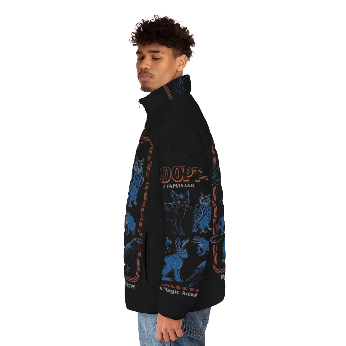 Vintage puffer jacket with a witchcraft and horror-inspired design featuring various animal familiars - men side left