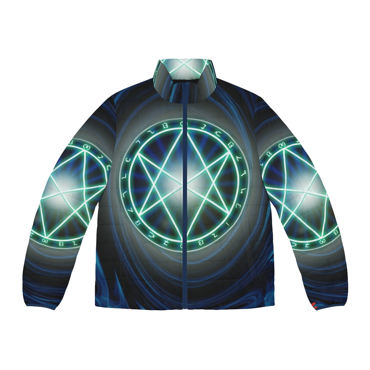 The Seal of Orichalcos puffer jacket, featuring iconic Yu-Gi-Oh! imagery