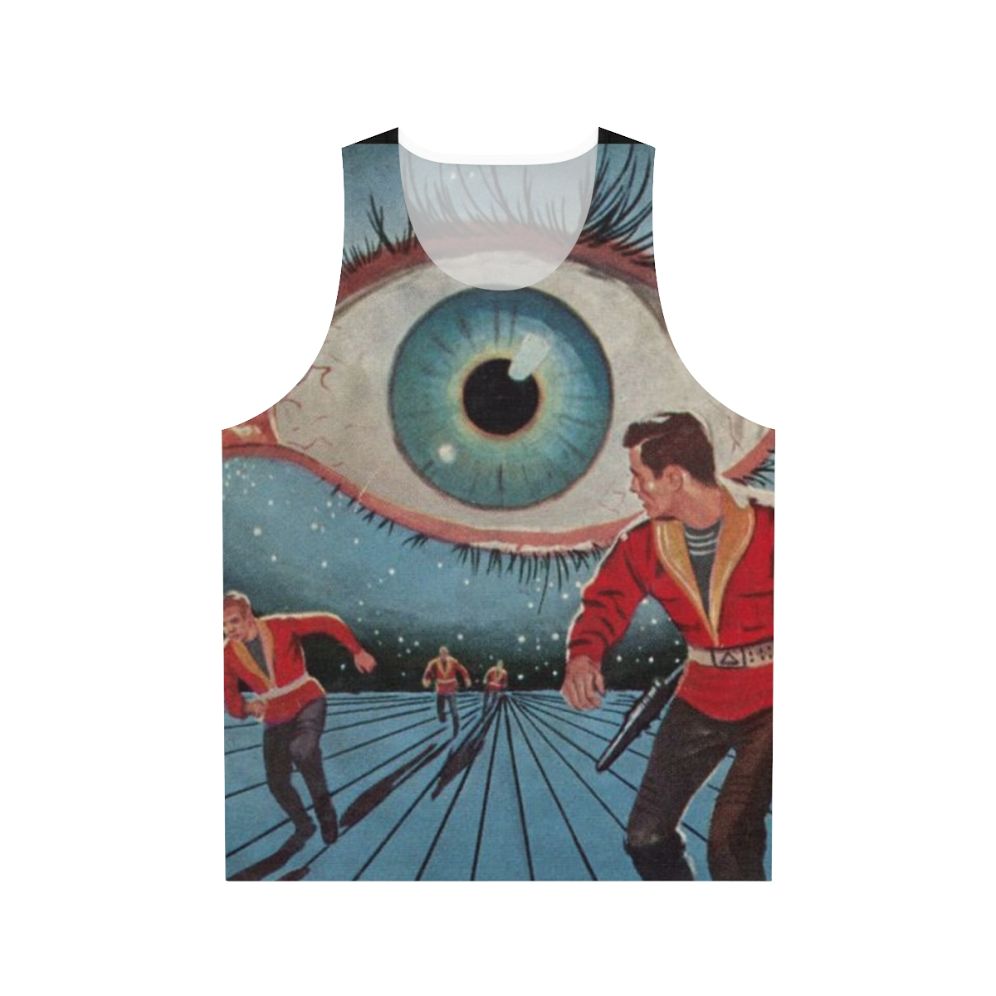 Unisex sci-fi tank top with Eye in the Sky Kindred Ubiquity design