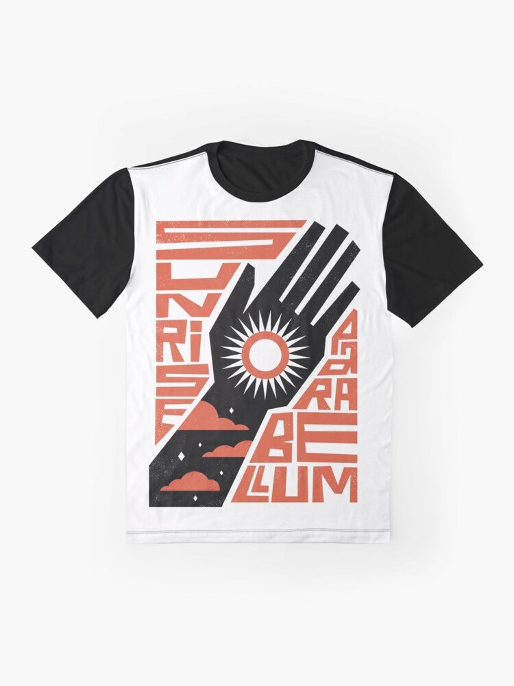 Sunrise graphic t-shirt with a minimalist, revolutionary design - Flat lay