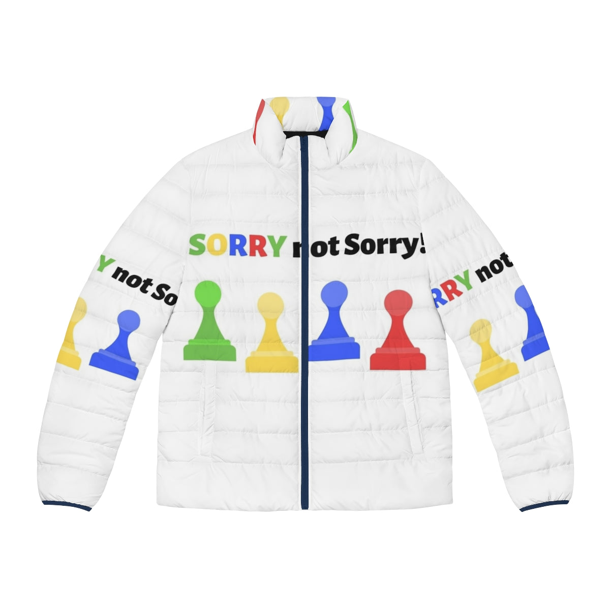 Sorry Not Sorry Puffer Jacket with vibrant board game inspired graphics