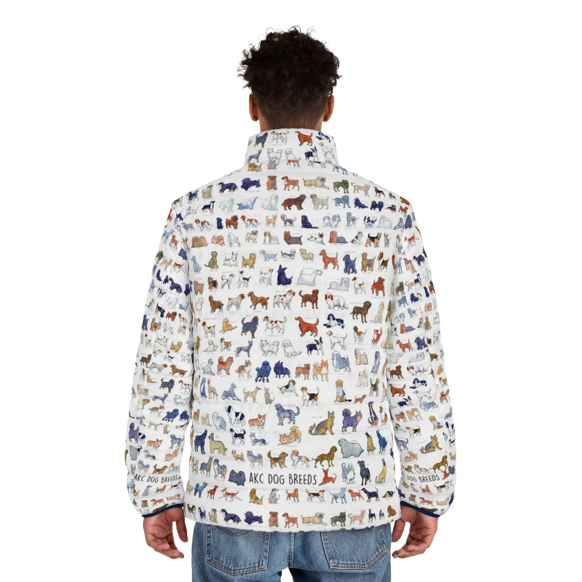 Puffer jacket featuring watercolor illustrations of all American Kennel Club dog breeds - men back