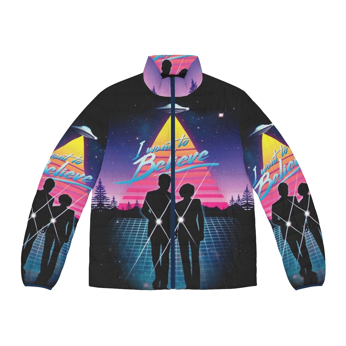 "I Want to Believe" Puffer Jacket featuring a retro sci-fi aesthetic