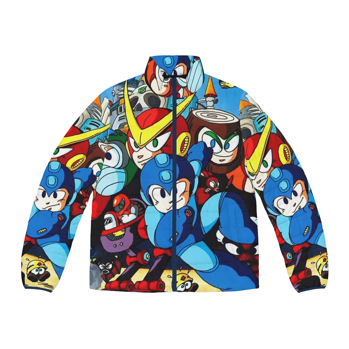 Mega Man 2 inspired puffer jacket with retro video game graphics