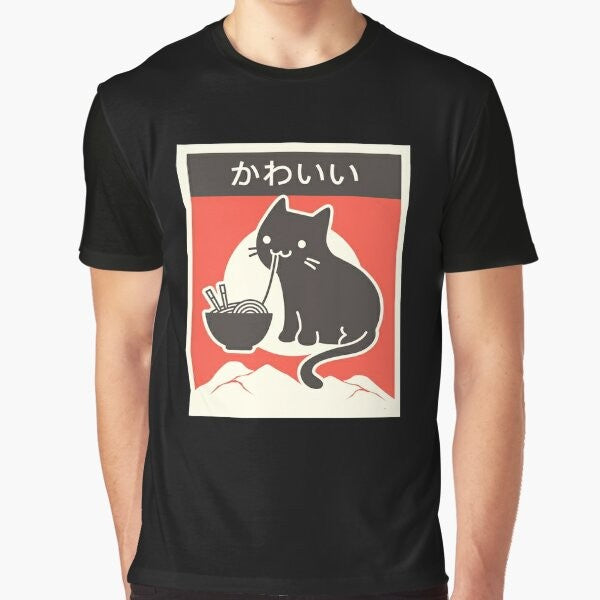 Vintage style graphic t-shirt featuring a kawaii ramen cat design in Japanese anime style