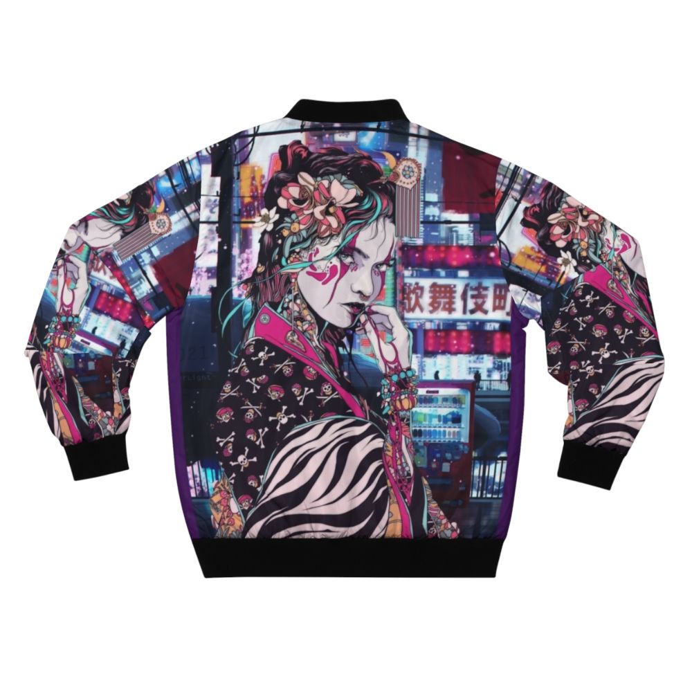 Stylish bomber jacket featuring a beautiful geisha character in the streets of Tokyo - Back