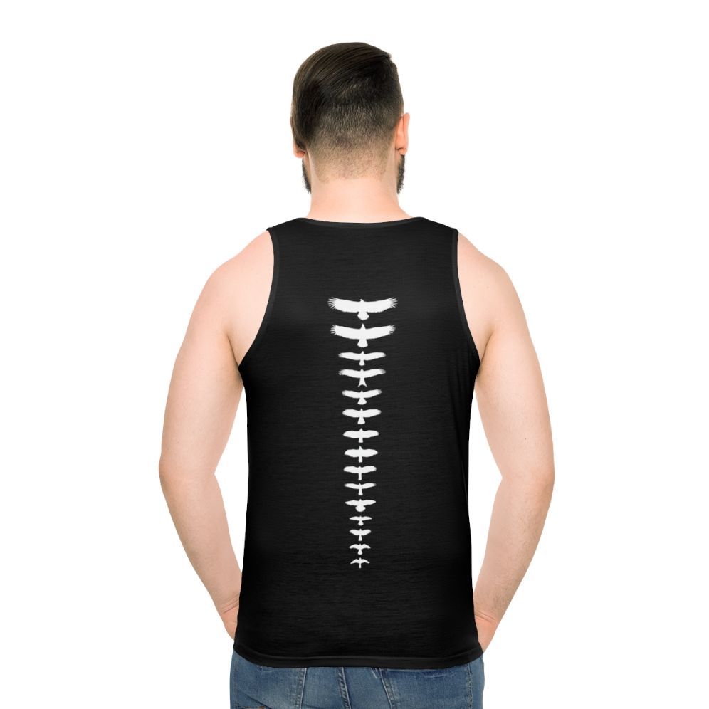 Unisex tank top featuring silhouettes of UK birds of prey - men back